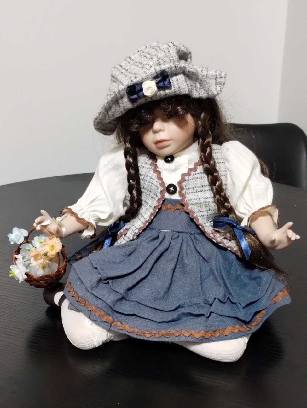 Classic Porcelain Doll in Blue Dress and Gray Hat - Kids Toys